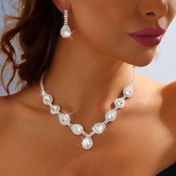 Crystal Bridal Jewelry Set for Women Silver Rhinestone Necklace Earrings Prom - Picture 5 of 7